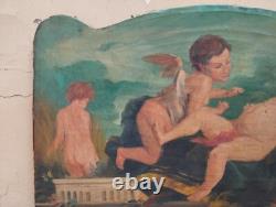 Ancien Tableau À L'Huile Sur Toile Scène Avec Putti Et Angioletto 108X66,5 Cm