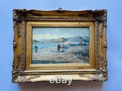 Ancien Tableau À L'huile Sur Panneau XX Siècle Paysage Pêcheurs