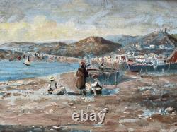 Ancien Tableau À L'huile Sur Panneau XX Siècle Paysage Pêcheurs