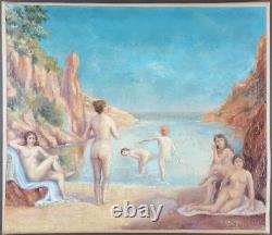 Ancien Tableau Baignade dans une Crique Peinture Huile Nu Oil Painting Nude