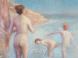 Ancien Tableau Baignade dans une Crique Peinture Huile Nu Oil Painting Nude