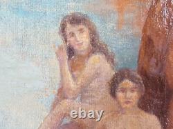 Ancien Tableau Baignade dans une Crique Peinture Huile Nu Oil Painting Nude