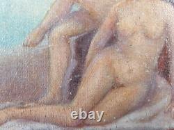 Ancien Tableau Baignade dans une Crique Peinture Huile Nu Oil Painting Nude