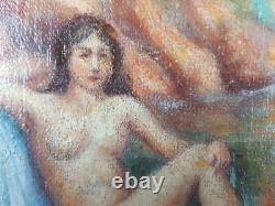 Ancien Tableau Baignade dans une Crique Peinture Huile Nu Oil Painting Nude