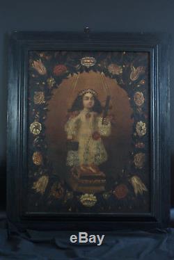 Ancien Tableau Baroque Religieux portrait La vierge Enfant Maria Bambina 17e