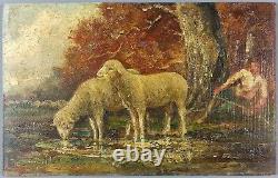 Ancien Tableau Berger et Moutons Peinture Huile Antique Oil Painting Sheep