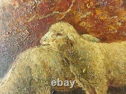 Ancien Tableau Berger et Moutons Peinture Huile Antique Oil Painting Sheep