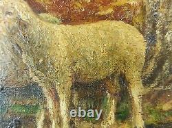 Ancien Tableau Berger et Moutons Peinture Huile Antique Oil Painting Sheep