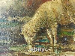 Ancien Tableau Berger et Moutons Peinture Huile Antique Oil Painting Sheep