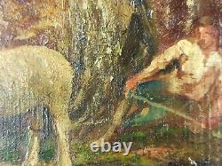 Ancien Tableau Berger et Moutons Peinture Huile Antique Oil Painting Sheep