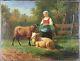 Ancien Tableau Bergère et ses Moutons Peinture Huile Oil Antique Painting Old