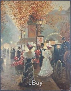 Ancien Tableau Boulevard Parisien le Soir Peinture Huile Antique Oil Painting
