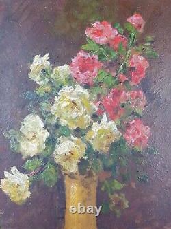 Ancien Tableau Bouquet de Roses Peinture Huile Cadre Doré Antique Oil Painting
