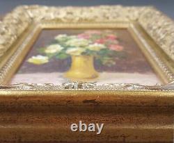 Ancien Tableau Bouquet de Roses Peinture Huile Cadre Doré Antique Oil Painting