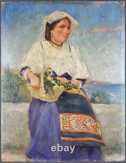 Ancien Tableau Bretonne ou Italienne Peinture Huile Signée Oil Antique Painting