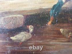 Ancien Tableau Canards Peinture Huile Antique Oil Painting Ducks Ölgemälde