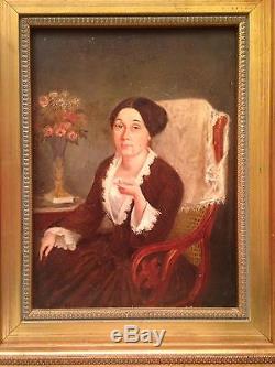 Ancien Tableau Classique XIXe Portrait d'une Dame de Qualité Huile panneau 19eme
