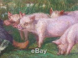 Ancien Tableau Cochons au Pré Peinture Huile Toile Antique Oil Painting