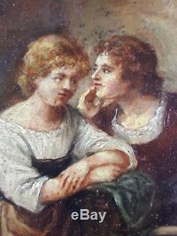 Ancien Tableau Conversation à la Fontaine Peinture Huile Toile Oil Painting