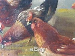 Ancien Tableau Coq et Poules Peinture Huile Antique Oil Painting