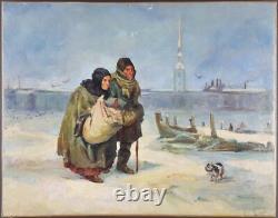 Ancien Tableau Couple et leur Chien en Hiver Peinture Painting French Bulldog