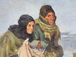 Ancien Tableau Couple et leur Chien en Hiver Peinture Painting French Bulldog Ancien Tableau Couple et leur Chien en Hiver Peinture Painting French Bulldog