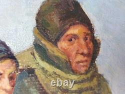 Ancien Tableau Couple et leur Chien en Hiver Peinture Painting French Bulldog