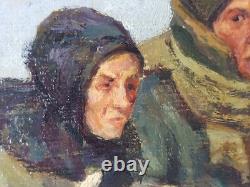 Ancien Tableau Couple et leur Chien en Hiver Peinture Painting French Bulldog