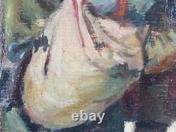 Ancien Tableau Couple et leur Chien en Hiver Peinture Painting French Bulldog