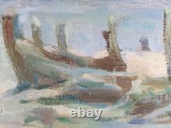 Ancien Tableau Couple et leur Chien en Hiver Peinture Painting French Bulldog