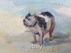 Ancien Tableau Couple et leur Chien en Hiver Peinture Painting French Bulldog