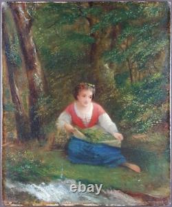 Ancien Tableau Cueilleuse d'Herbes Peinture Huile Antique Oil Painting Woman