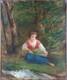 Ancien Tableau Cueilleuse d'Herbes Peinture Huile Antique Oil Painting Woman