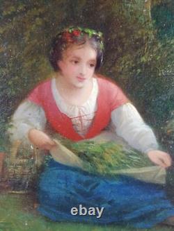 Ancien Tableau Cueilleuse d'Herbes Peinture Huile Antique Oil Painting Woman