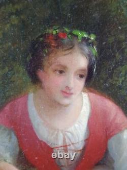 Ancien Tableau Cueilleuse d'Herbes Peinture Huile Antique Oil Painting Woman