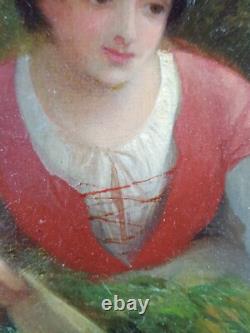 Ancien Tableau Cueilleuse d'Herbes Peinture Huile Antique Oil Painting Woman