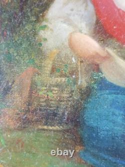 Ancien Tableau Cueilleuse d'Herbes Peinture Huile Antique Oil Painting Woman