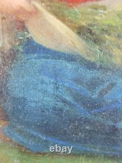 Ancien Tableau Cueilleuse d'Herbes Peinture Huile Antique Oil Painting Woman