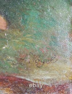 Ancien Tableau Cueilleuse d'Herbes Peinture Huile Antique Oil Painting Woman