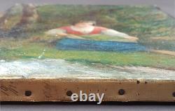 Ancien Tableau Cueilleuse d'Herbes Peinture Huile Antique Oil Painting Woman