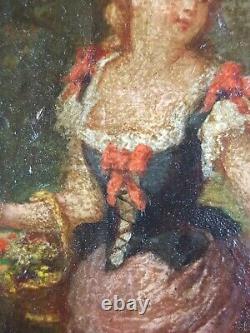 Ancien Tableau Cueilleuse de Fleurs Peinture Huile Antique Oil Painting Picker