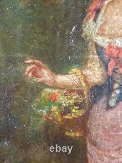 Ancien Tableau Cueilleuse de Fleurs Peinture Huile Antique Oil Painting Picker