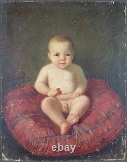 Ancien Tableau Emmanuel Lauret (1809-1882) Peinture Enfant 1865 Painting Child
