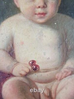 Ancien Tableau Emmanuel Lauret (1809-1882) Peinture Enfant 1865 Painting Child