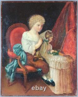 Ancien Tableau Enfant Assis avec son Chat Peinture Huile Chat Oil Painting Cat