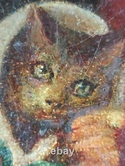 Ancien Tableau Enfant Assis avec son Chat Peinture Huile Chat Oil Painting Cat