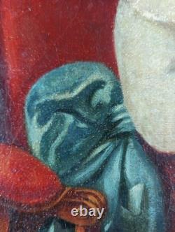 Ancien Tableau Enfant Assis avec son Chat Peinture Huile Chat Oil Painting Cat