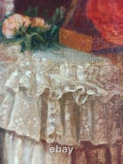 Ancien Tableau Enfant Assis avec son Chat Peinture Huile Chat Oil Painting Cat