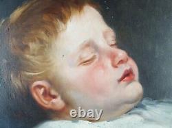 Ancien Tableau Enfant Endormi Peinture Huile Antique Oil Painting Old Dipinto