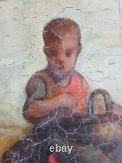 Ancien Tableau Enfant et Poules Peinture Huile Antique Oil Painting Dipinto